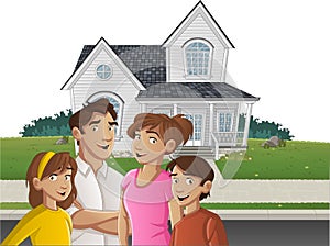 Cartoon family in front of a house