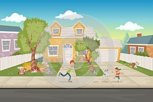 Cartoon family in front of a house. Suburb neighborhood