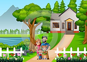 Cartoon family in front of the house yard