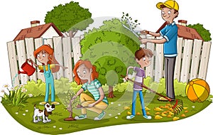 Cartoon family gardening.