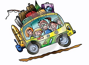 Cartoon family going to summer camp with their car fully loaded vector