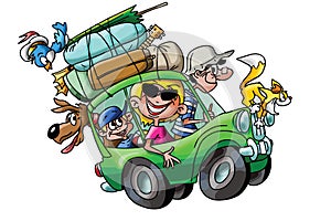 Cartoon family going on vacation with their cars fully loaded vector