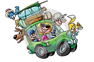 Cartoon family going on vacation with their cars fully loaded vector photo