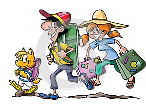 Cartoon family going on a vacation with their cat vector