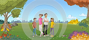 Cartoon family in a green park with grass and trees.