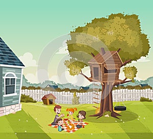 Cartoon family having picnic on the backyard of a colorful house in suburb neighborhood. Tree house on the backyard. photo