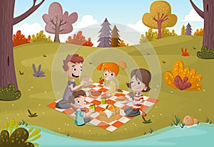 Cartoon family having picnic in the park on a sunny day.