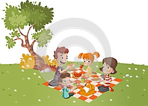 Cartoon family having picnic in the park on a sunny day.