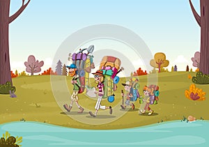 Cartoon family having picnic in the park on a sunny day. Nature background.