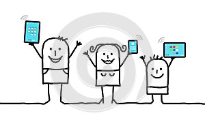 Cartoon family holding connected digital tablets and phones