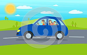 Cartoon Family Journey by Blue Car. Vector