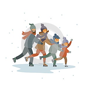 Cartoon family, kids and parents ice figure skating together on ice rink isolated vector illustration scene
