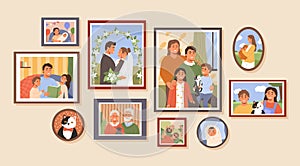 Cartoon family life photo frames. Memories wall with family history photos, children portraits and marriage picture