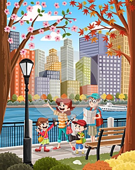 Cartoon family looking at the landscape view of a colorful city