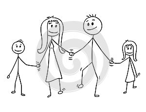 Cartoon of Family, Man and Woman and Boy and Girl Walking While Holding Hands