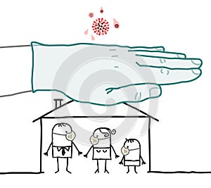 Cartoon family with masks against the Virus in a house protected by a big Hand
