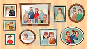 Cartoon family photo frames. Happy people portraits in wall picture frames, family portrait photos vector illustration