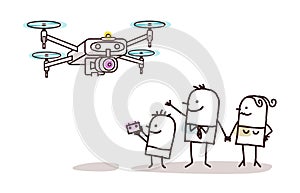 Cartoon Family playing with a Flying drone