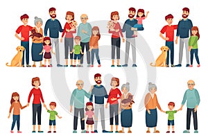 Cartoon family portraits. Happy parents and children portrait, old grandmother and grandfather. Big family vector photo