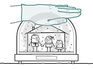 Cartoon Family with Protection Masks, Contained in a Snow-Dome covered by a big Doctor hand, at Home