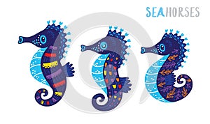 Cartoon family sea horse set. Vector illustration