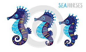 Cartoon family sea horse set. Vector illustration