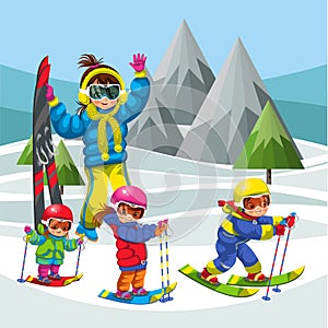 Cartoon family skiing in snowy hills together. mother with kids