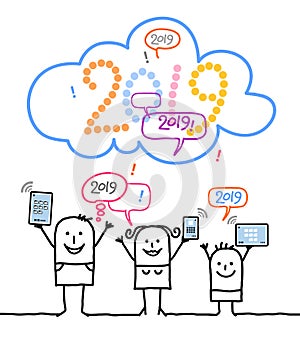 Cartoon Family and Social Network with 2019 Cloud