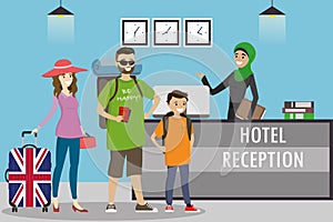 Cartoon family of tourists with suitcases and Young arabic woman
