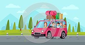 Cartoon family travel in car. Happy father, mother and childrens drive on holiday trip with luggage. Traveling vector