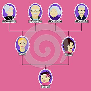 Cartoon family tree of the girl adobed in same-sex marrige