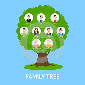 Cartoon Family Tree Infographics Concept Card Poster. Vector