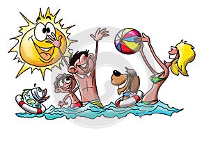 Cartoon family on vacation, playing ball and spending time swimming in the sea vector