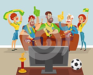 Cartoon family watching a football match on TV