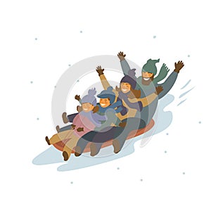 Cartoon family winter sledding downhill together isolated vector illustration scene