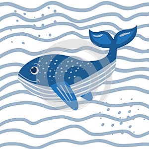 Cartoon fanny whale in the waves. Cute vector illustration of a blue whale. Design of notebooks, posters, t shirts, postcards