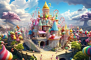 Cartoon fantastic candy land landscape with sweet castle. Generative AI illustration.