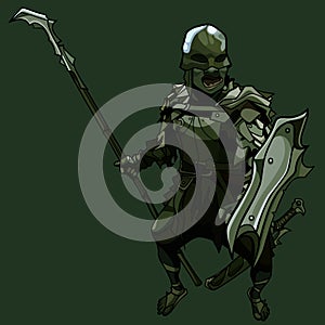 Cartoon fantastic orc armed with spear sword and shield