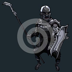 Cartoon fantastic orc in military uniform with spear and shield