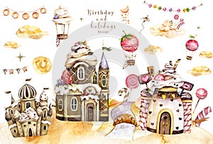 Cartoon fantasy candy houses and fairy tale sweet castles. Chocolate, gingerbread and ice cream watercolor set. Dessert