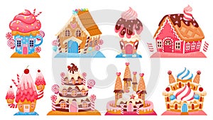 Cartoon fantasy candy houses and fairy tale sweet castles. Dreamland cake buildings. Chocolate, gingerbread and ice