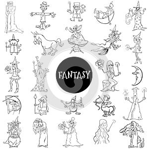 Cartoon fantasy characters large set color book page