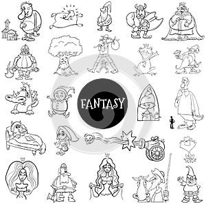 Cartoon fantasy characters large set color book page