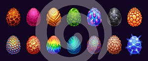 Cartoon fantasy eggs. Magic dragon reptile eggshell for game asset, fairy mythological monster glossy crystal GUI design