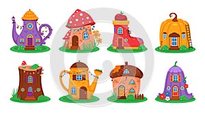 Cartoon fantasy houses. Cute fairy little homes, funny different shapes magical builds, gnome cottage, pretty mushroom