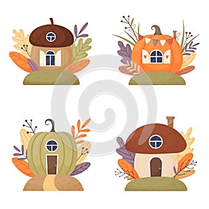 Cartoon fantasy houses for fairies, elves, gnomes. Mushroom, pumpkin and acorn cute fairy houses