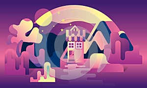 Cartoon fantasy landscape illustration, village house and river, dreamland, fantasy world