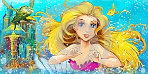 Cartoon fantasy scene of underwater kingdom - beautiful manga girl