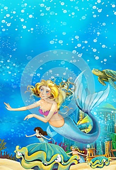 Cartoon fantasy scene on underwater kingdom - beautiful manga girl - mermaid