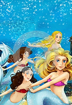 Cartoon fantasy scene on underwater kingdom - beautiful manga girl - mermaid friends